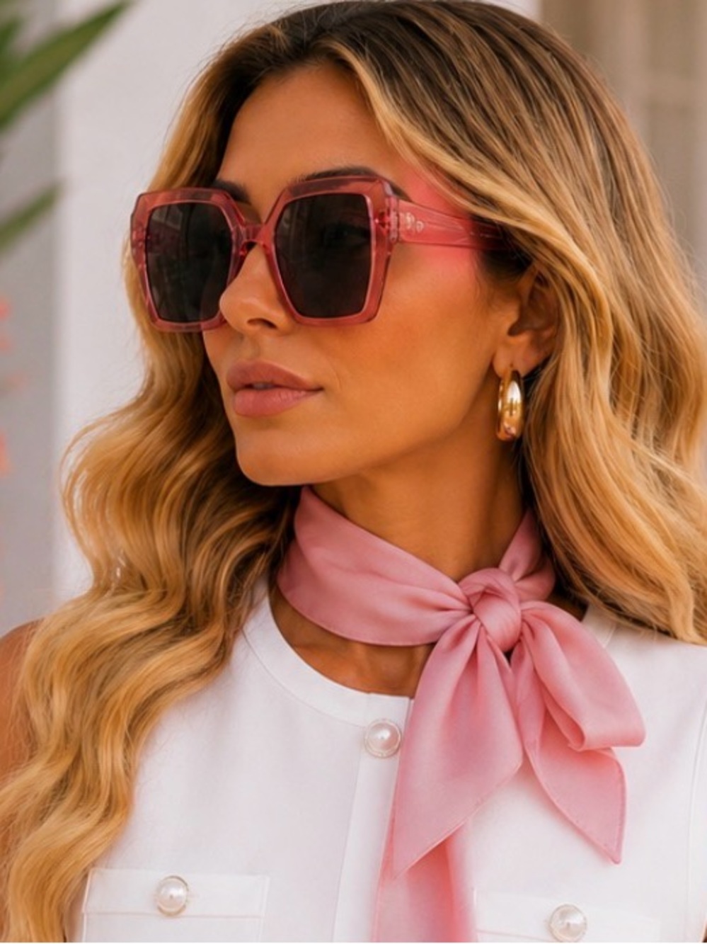 Suoer cute oversized pink sunglasses.
